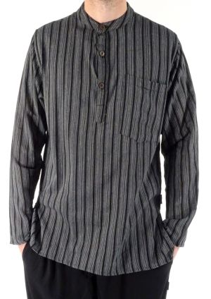 Black Striped Cotton Grandad Shirt