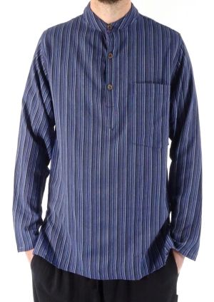 Stone -washed Blue Striped Grandad Shirt