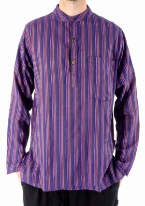 Purple Stonewashed Striped Grandad Shirt