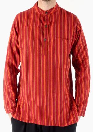 Red Stonewashed Striped Grandad Shirt