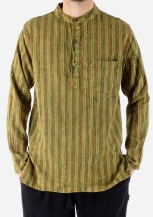Stonewashed Green Striped Cotton Grandad Shirt