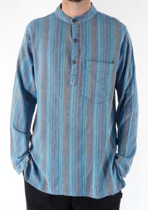 Stone Washed Turquoise Striped Grandad Shirt