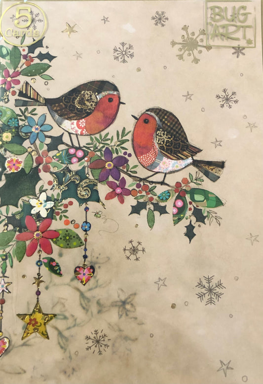 Robins on a branch (pack of 5 Christmas cards)