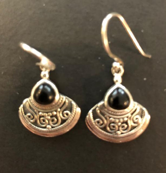 Black Onyx and Silver Ethnic Earrings.